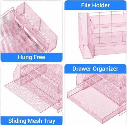 OPNICE Desk Organizers and Accessories, 4-Tier Desktop File Organizer with Drawer and Pen Holders, Office Desk Accessories Workspace Organizers for Office Supplies (Soft Pink)