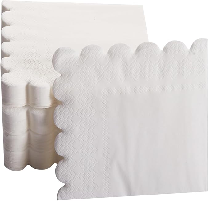 200 Pack Cocktail Napkin 2-Ply Scalloped Edged Dessert Napkins Folded 5 x 5 Inches Disposable Napkins for Dinner Wedding Birthday Party Bridal Anniversary Reception Event (White)