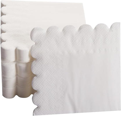 200 Pack Cocktail Napkin 2-Ply Scalloped Edged Dessert Napkins Folded 5 x 5 Inches Disposable Napkins for Dinner Wedding Birthday Party Bridal Anniversary Reception Event (White)