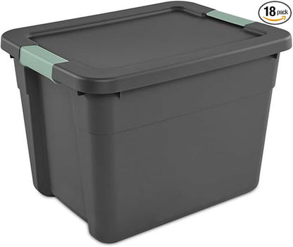 Sterilite 18 Pack Latch Tote, Stackable Plastic Storage Container, 12 Gallon, Gray/Green