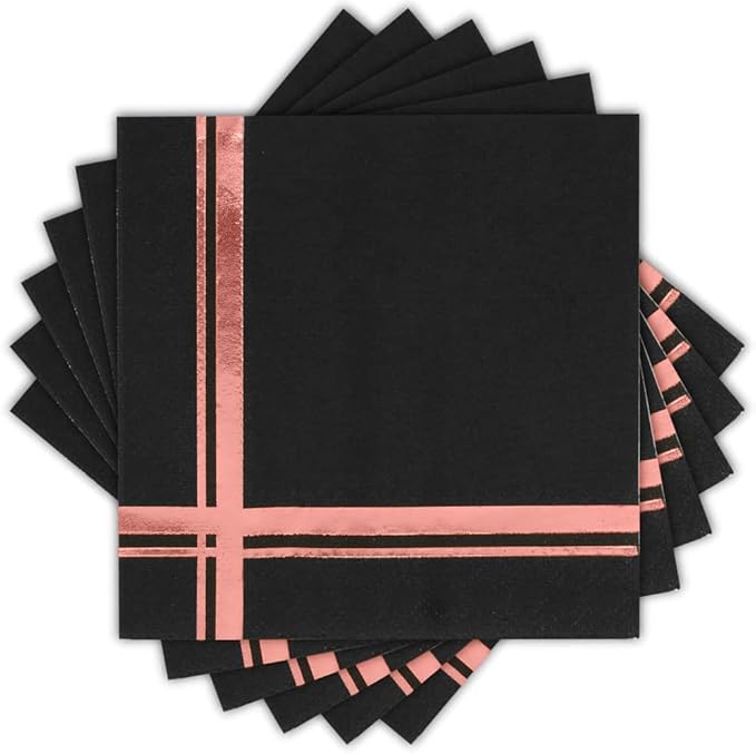 Rose Gold on Black Cocktail Napkins - 100 Pack, 5" x 5", 3-Ply Paper - Style Name: Blissful Crossing