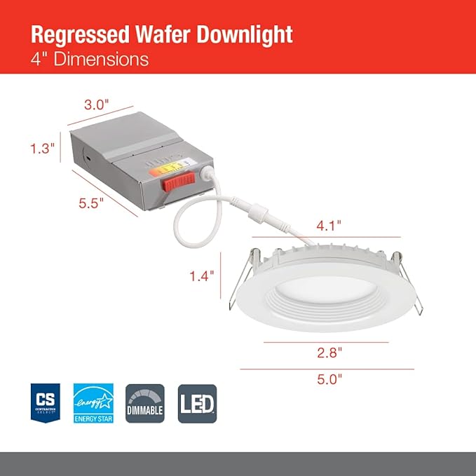 Juno LED Recessed Lights 4 Inch Round Wafer Downlight, 5-in-1 Switchable White Color Temperature, 120 Volts, 4-Inch Regressed Trim, Matte White (WF4 SWW5 90CRI CP6 MW M2)