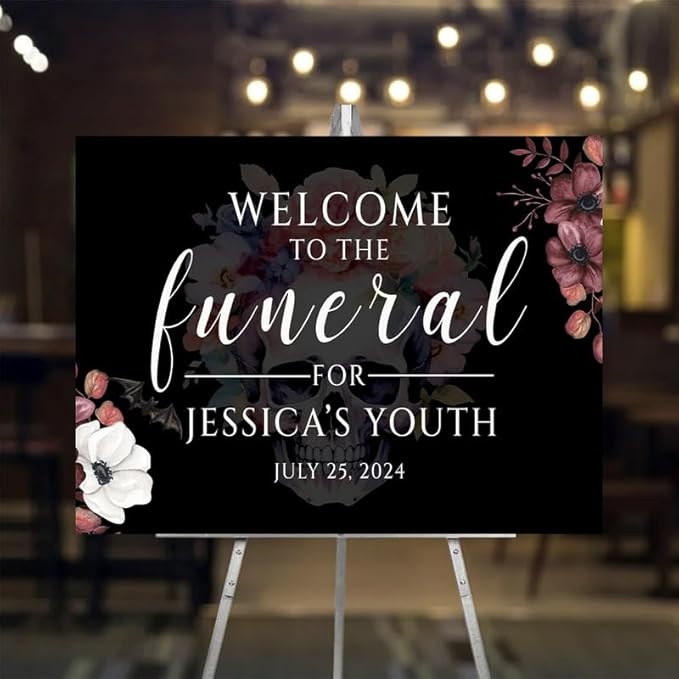 Funeral For My Youth 30th Birthday Party Welcome Sign, Personalized R.I.P Twenties Farewell to Youth Custom Decor, Vintage Gothic Floral Skull.