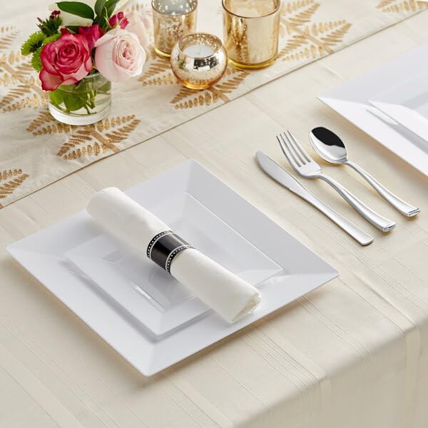 Silver White Plastic Dinnerware Set, 120 Settings with Plates, Flatware and Napkins, 6-10 Inch, Square, Disposable Party Wedding Tableware