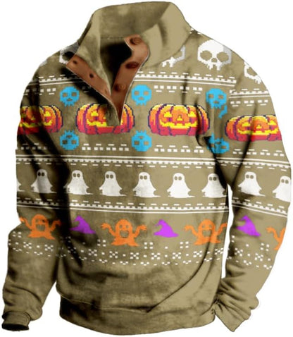 Mens Western Halloween Hoodie Button Up Henley Shirt Cowboys Sweatshirt Men Graphic Long Sleeve Pullover Tops