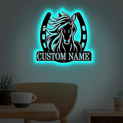 Personalized Name Horse Lamp Custom Wooden/Metal Horse Night Light Horse Wall Art LED Horse Light Farmhouse House Sign Horse Themed Gifts for Girl Birthday Christmas(Name Horse Sign)