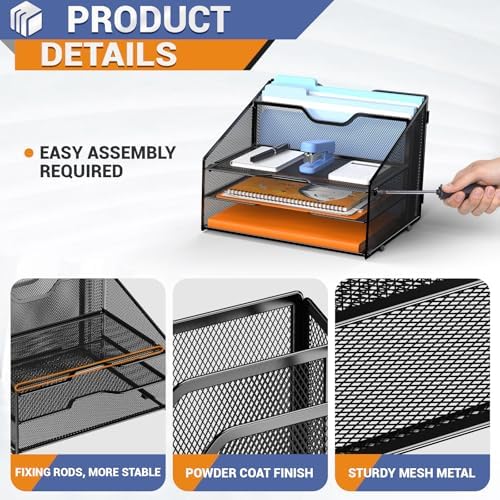 GAWERK Letter Tray Organizer, Mesh Desk File Organizer with 3 Paper Trays and 2 Vertical Upright Section (Blue)