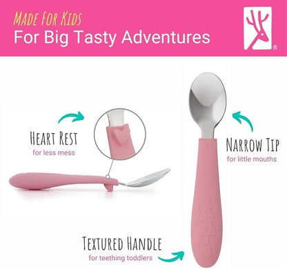 Elk and Friends Kids Silverware with Silicone Handle | Childrens Safe Flatware | Toddler Utensils | Baby Spoons + Forks | Stainless Steel Cutlery