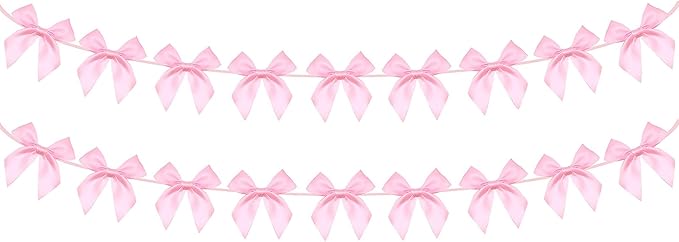 2pcs Pink Bow Garland Banner, Pink Ribbon Bow Party Decorations for Baby Shower Girls Bow Coquette Birthday Party Decor