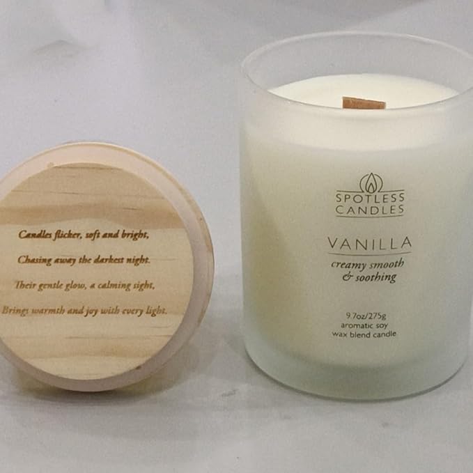 Vanilla Candle - 9.7 oz /275g Vanilla Scented Candle in Cream Frosted Glass Jar with Wooden Lid and Wooden Crackling Wick in a Luxurious Gift Box - Creamy, Smooth and Soothing