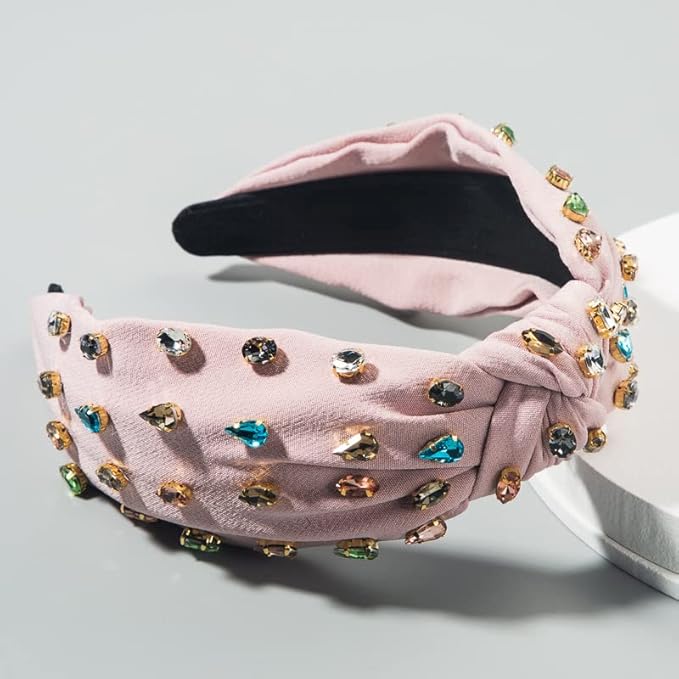 JILIYUPA Carnival Headband Rhinestone Cross Knotted Turban Hair Hoop, Carnival Crystal Twist Velvet Wide Hairband Party Hair Accessory (Pink, Red)