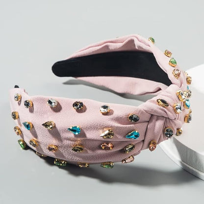 JILIYUPA Carnival Headband Rhinestone Cross Knotted Turban Hair Hoop, Carnival Crystal Twist Velvet Wide Hairband Party Hair Accessory (Pink, Red)