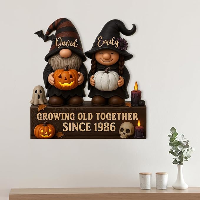 Growing Old Together Gnomes Halloween Wooden Sign, Gifts for Him Her Wife Husband, Custom Wood Plaque Couples Gift, Valentine Christmas Gift For Parents, Grandparents Gothic Decorations Sign 34