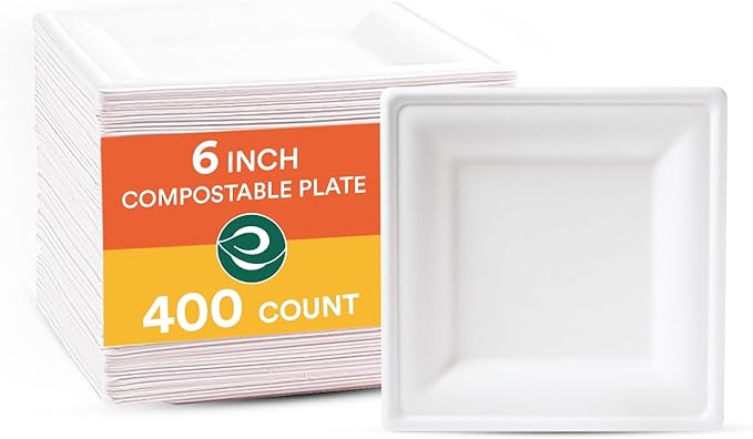 ECO SOUL Compostable Square Paper Plates 6 Inch (400 Count) for Thanksgiving Dessert, Heavy Duty, Eco-Friendly Sugarcane Bagasse Small Plates For Appetizer- White