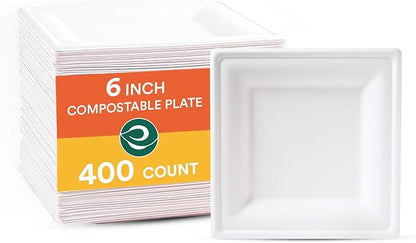 ECO SOUL Compostable Square Paper Plates 6 Inch (400 Count) for Thanksgiving Dessert, Heavy Duty, Eco-Friendly Sugarcane Bagasse Small Plates For Appetizer- White