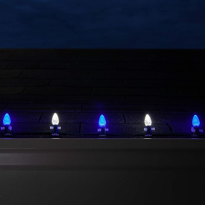 Wintergreen Lighting Set of 50 C7 Blue and White OptiCore Commercial Christmas Lights - Cool White and Blue Outdoor LED Bulbs on Heavy Duty 18 Gauge Green Wire (50 ft)