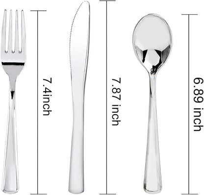 WDF 300 Pieces Silver Plastic Silverware - Plastic Silverware Heavy Duty - 100 Forks 100 Knives 100 Spoons - Disposable Silver Cutlery Perfect for Party/Wedding/Christmas