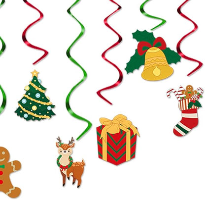 Merry-Christmas Ceiling Hanging Foil-Swirl Decorations - 20pcs Red Green Tree Socks Snowman Santa Claus Elk Gifts Streamers Garland, Fireplace Window Room Indoor Holiday Party Supplies Hugtmr
