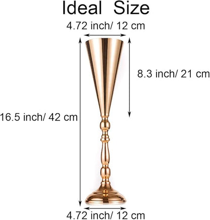 Gold Vase Centerpiece Table Decorations - 2 Pcs Metal Tabletop Flower Stand, Wedding Decorations for Reception, 16.5in Trumpet Tall Flower Vase for Birthday, Weddings, Anniversary Ceremony, Home Decor