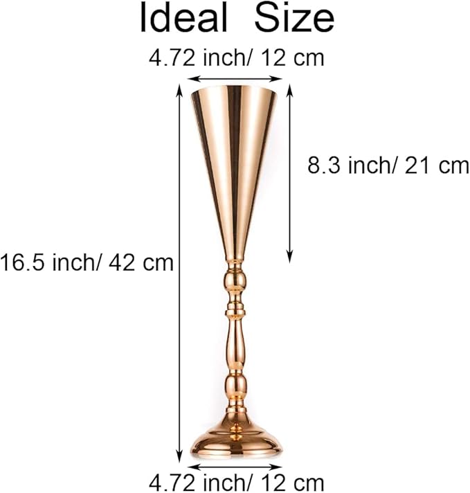 Gold Vase Centerpiece Table Decorations - 10 Pcs Metal Tabletop Flower Stand, Wedding Decorations for Reception, 16.5in Trumpet Tall Flower Vase for Birthday, Weddings, Anniversary, Home Decor