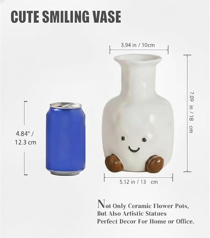 Handmade Ceramic Smile Vase-Cute White Ceramic Vase-White Modern Flower Vase-Round Aesthetic Table Flower Vase-Funny Decor AccentPot for Indoor and Outdoor vase