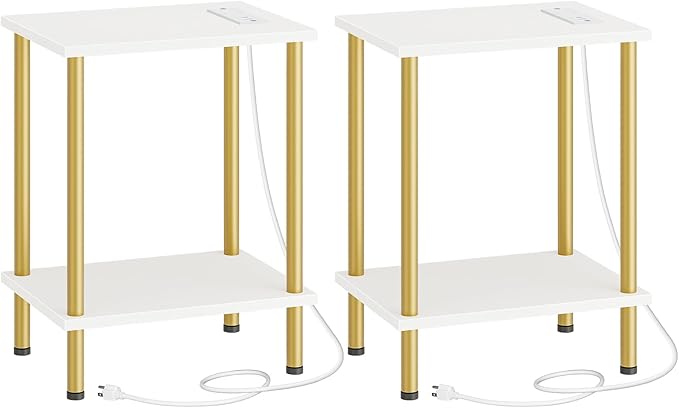 HOOBRO Side Table with Charging Station, Set of 2 End Tables with USB Port and Outlets, Nightstand with 2-Layer Storage Shelves for Small Spaces, Living Room, Bedroom, White and Gold DW09UBZP201