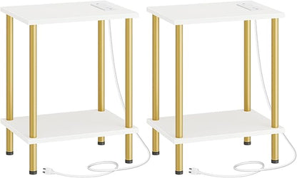 HOOBRO Side Table with Charging Station, Set of 2 End Tables with USB Port and Outlets, Nightstand with 2-Layer Storage Shelves for Small Spaces, Living Room, Bedroom, White and Gold DW09UBZP201