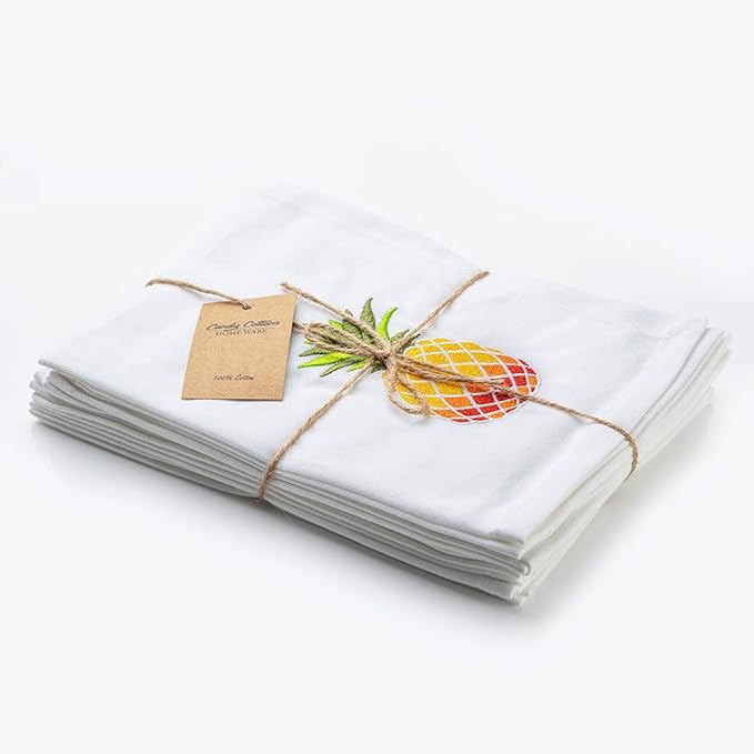 Pineapple Embroidered Cotton Dinner Napkins - 18x18 in Washable, Absorbent Reusable Napkins - Spring Easter Basket Decor - Pack of 6