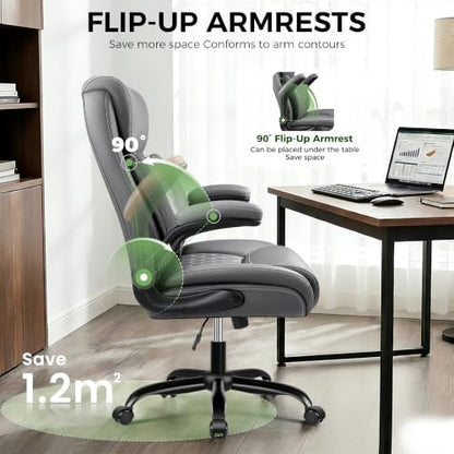 Office Chair, Ergonomic Executive Desk Chair with Lumbar Support for Lower Back Pain Relief, Padded Flip-Up Armrests, Leather Home Office Chair, Gray