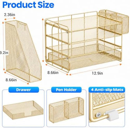 OPNICE Desk Organizers and Accessories, 4-Tier Desktop File Organizer with Drawer and Pen Holders, Office Desk Accessories Workspace Organizers for Office Supplies (Gold)