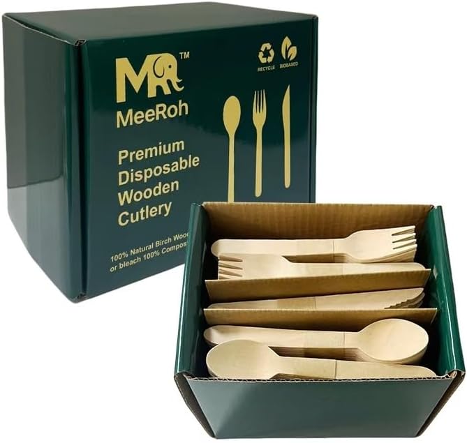 Premium Eco-Friendly Heavy-Duty Disposable Cutlery Set – 300-Piece Sturdy Forks, Spoons & Knives | Biodegradable, Compostable, Smooth Finish for Parties, Events & Camping Utensils – By MeeRoh