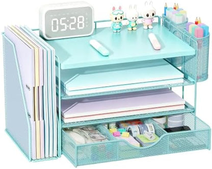 gianotter Wood Desk Organizers and Accessories with File Holder, 4-Tier Desk Accessories & Workspace Organizers with Drawer and 2 Pen Holder, Desk Reference Organizer (Blue, 4T with Metal Drawer)