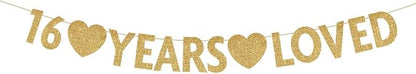 Gold 16 Year Loved Banner, Gold Glitter Happy 16th Birthday Party Decorations, Supplies