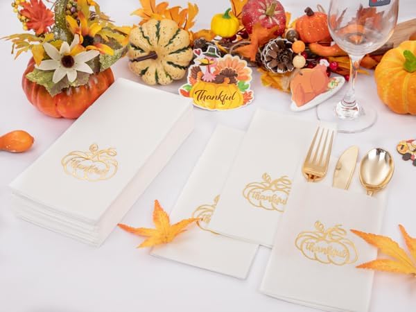 100PCS Thanksgiving Napkins Disposable - White and Gold Paper Napkins with Built-in Flatware Pocket Prefolded Cloth Like - Heavy-duty Linen-Feel Dinner Napkins for Thanksgiving & Dinner