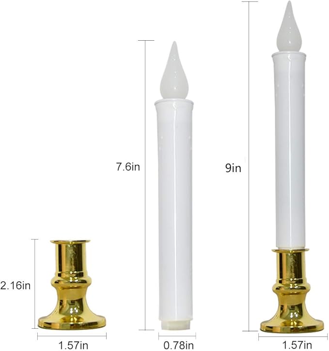 GOOTHY Christmas Window Candles Lights, Automatic Timer LED Flickering Candle Lights with Gold Base (6/18 Hour Timer), 9'' LED Battery Operated Candles for Indoor Table Party Decor- Set of 4