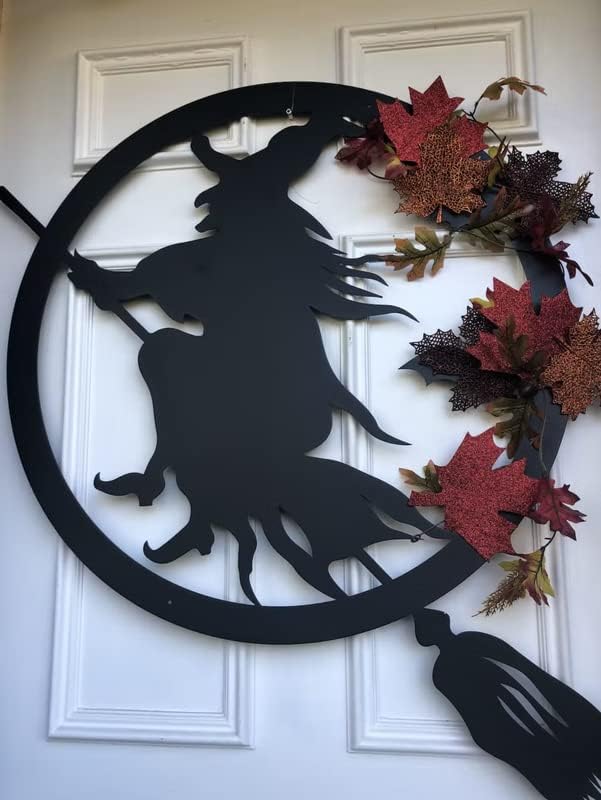 RealSteel Witch Halloween Decoration - Metal Broom Riding Décor - Scary Indoor Outdoor Wall Sign for Haunted Houses - Wicked Witch Flying Porch Art - Flying Bats Front Door Art (24, Black)