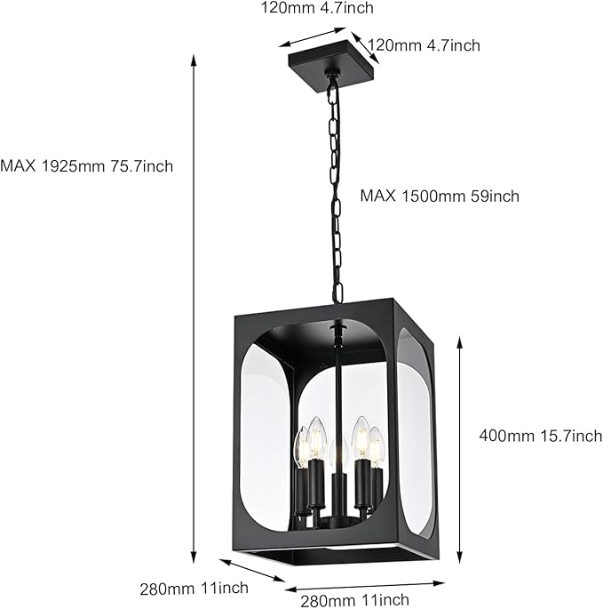 BONLICHT Large Outdoor Chandelier for Porch, 5-Light Modern Outdoor Pendant Light with Clear Glass,Black Exterior Pendant Lighting Fixture Ceiling Mount Pendant Lantern for Patio Doorway Foyer Garden
