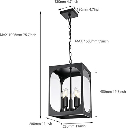 BONLICHT Large Outdoor Chandelier for Porch, 5-Light Modern Outdoor Pendant Light with Clear Glass,Black Exterior Pendant Lighting Fixture Ceiling Mount Pendant Lantern for Patio Doorway Foyer Garden