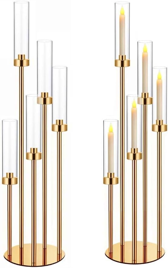 35in 2 Set Gold Candelabra Candle Centerpieces for Tables Candlesticks Holder Wedding Centerpieces Table Decorations Acrylic lampshade Fit 0.9" LED Candle