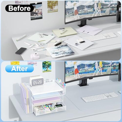 gianotter Wood Desk Organizers and Accessories with File Holder, 4-Tier Desk Accessories & Workspace Organizers with Drawer and 2 Pen Holder, Desk Reference Organizer (White, 4T with Metal Drawer)