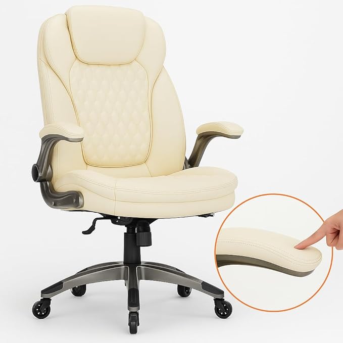 COLAMY Ergonomic High Back Office Chair, Ivory Bonded Leather Executive Desk Chair with Flip-up Arms, Thick Cushion, Silent Nylon Wheels, Adjustable Height & Rocking Function, 300lbs Capacity
