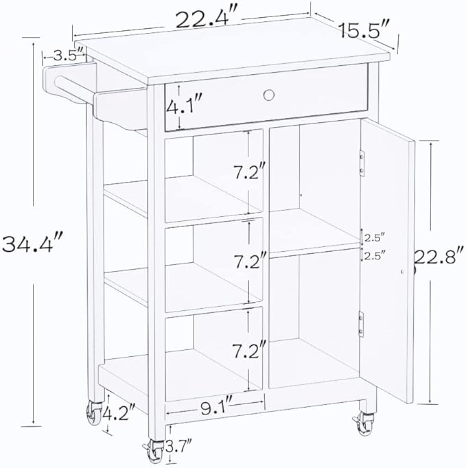 Casaphoria Kitchen Island Cart on Wheels, Rolling Kitchen Trolley with Storage Cabinet and Drawer, Solid Rubber Wood Top Prep Table, Small Mobile Coffee Bar Station with Adjustable Shelves, White