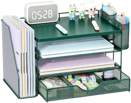 gianotter Wood Desk Organizers and Accessories with File Holder, 4-Tier Desk Accessories & Workspace Organizers with Drawer and 2 Pen Holder, Desk Reference Organizer (Green, 4T with Metal Drawer)