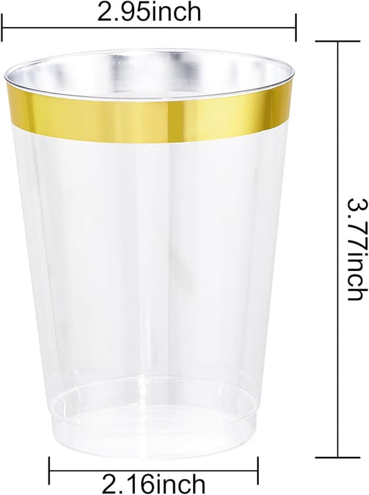 I00000 60PCS Gold Plastic Cups, 10 oz Clear Disposable Cups with Golden Trim, Heavy-Duty Disposable Hard Plastic Wine Glasses Cocktail Glasses Perfect for Wedding & Party