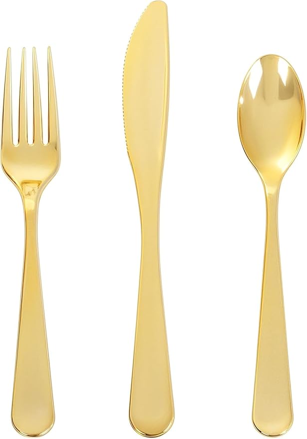150 PCS Gold Plastic Silverware - Gold Plastic Flatware Disposable - Heavy Duty Disposable Utensils Sets Includes 50 Forks, 50 Spoons, 50 Knives for Christmas Party Wedding