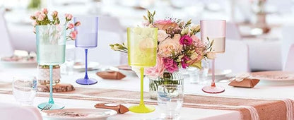 Ciaell 4 Pack Plastic Drinking Glasses - 10 Oz Plastic Glasses with Stem - Disposable Glasses Perfect for Parties & Weddings & Poolside & Outdoors & Camping (Pink Green Purple Yellow)