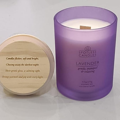 Lavender Candle - 9.7 oz /275g Lavender Scented Candle in Purple Glass Jar with Wooden Lid and Wooden Crackling Wick in a Luxurious Gift Box - Gentle, Tranquil and Relaxing