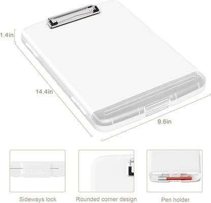 Piasoenc Clipboard with Storage, 8.5 x 11 Organization Box with Pen Holder and A4 Legal Paper Folder, Folio & Side-Opening, Low Profile Clip,for Nurses,Teachers, Size 14 x 9.6 x 1.2 in, White