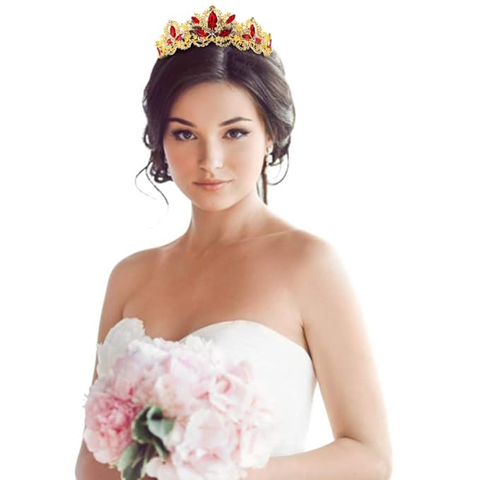 Gold Tiara and Crown for Women Red Gem Queen Crowns with Comb Rhinestones Headband for Girls Crystal Wedding Hair Accessories for Bachelor Party Bride Bridal Prom Halloween Costume Cosplay