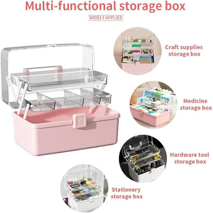 12.9in Three-Layer Multipurpose Storage Box with Handle Portable Tackle Box Folding Art & Craft Case Sewing Supplies Organizer for Makeup, Medicine, Nail, Hair Accessories (White)